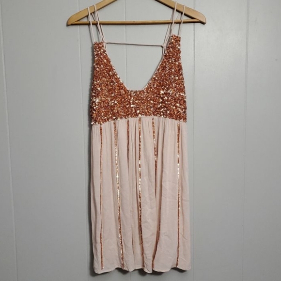 Free People Glitter Girl Sequin Rose Gold Embellished Mini Dress Medium - Picture 11 of 16